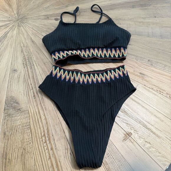 black one textured bikini high waisted size small - Picture 2 of 4